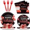96 Pieces Red and Black Tableware Set Confetti Sprinkles Happy Birthday Party Decorations Table Decors for Men Women Plates Napkins Forks for 24 Guests